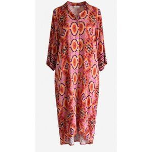 Bella Tu Womens 3/4 Sleeve Midi Shirt Dress Sz L Pink Orange Ikat Tribal Boho